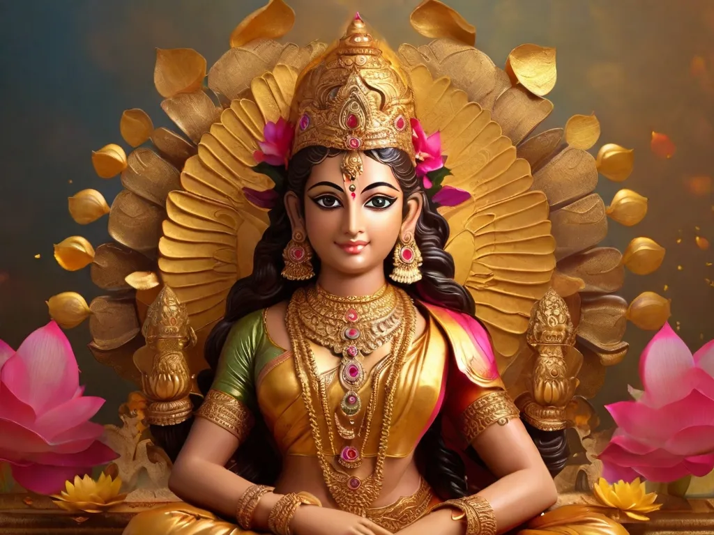 Create a golden Lakshmi with golden background, 8k, size of 1920x1080, colorful
