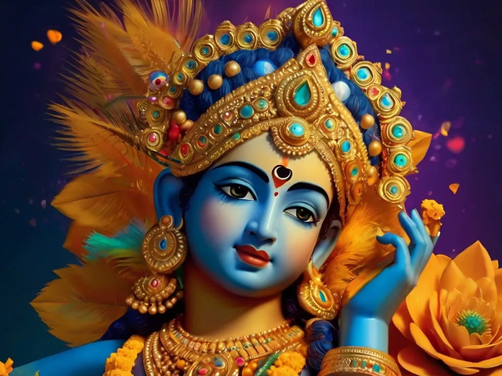 Create a krishna with golden background, 8k, size of 1920x1080, colorful
