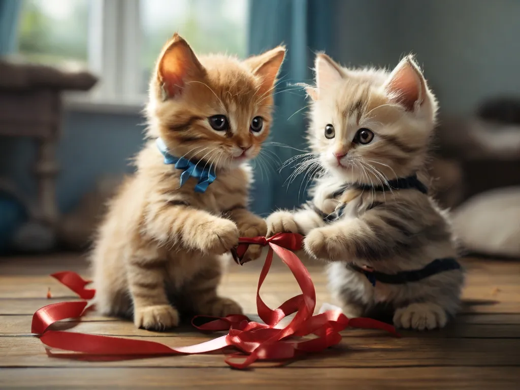 two kittens playing with a red ribbon on the floor