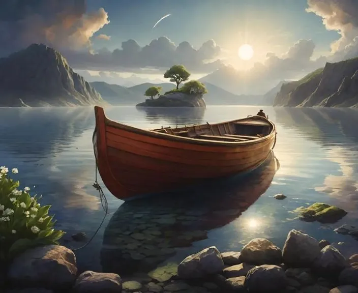 a painting of a boat floating on a lake