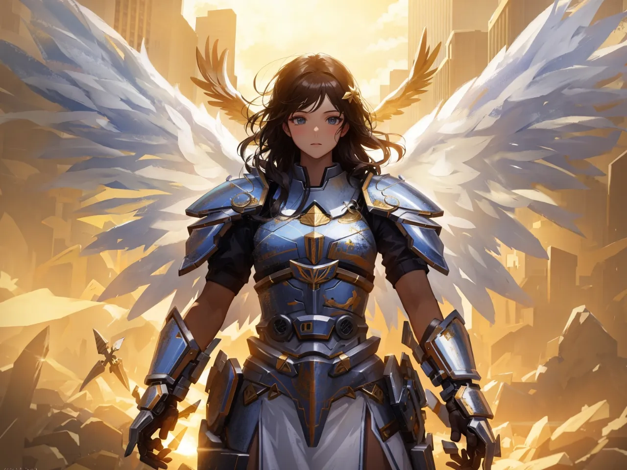 a woman in armor with wings standing in front of a city