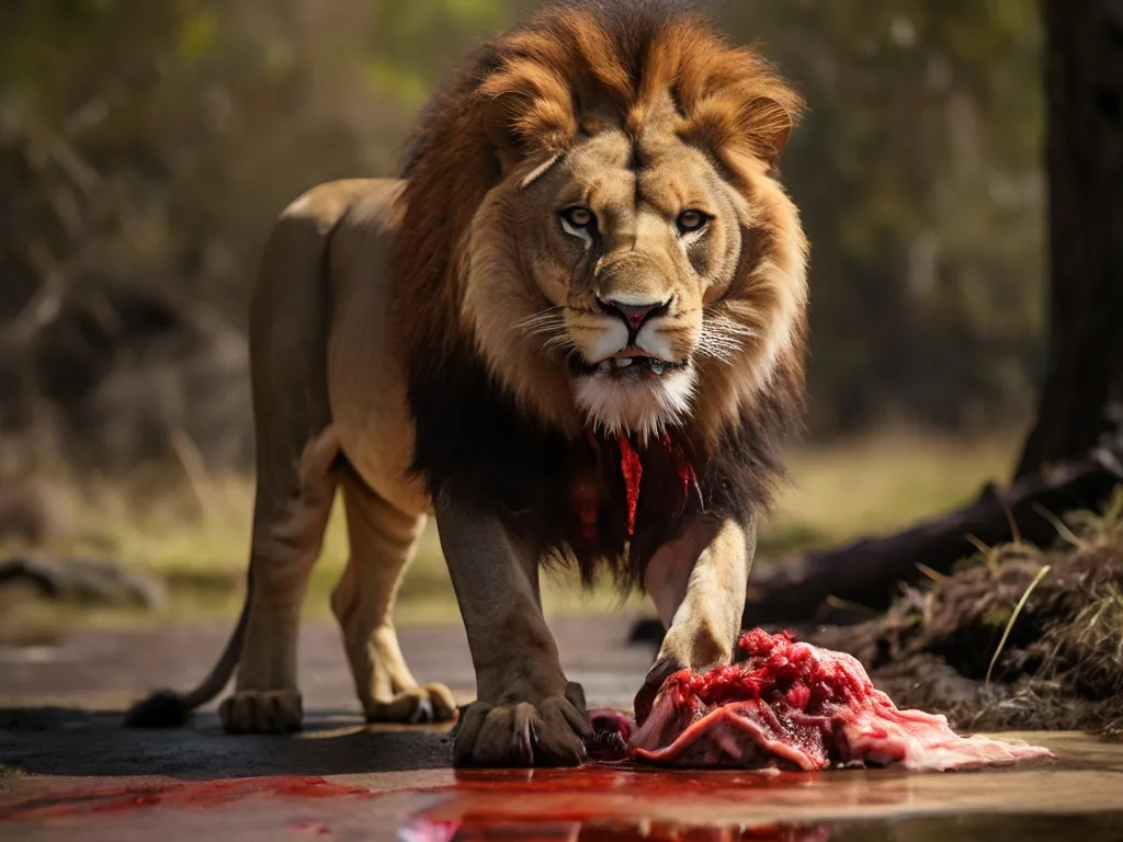 a lion with blood on the ground next to a tree