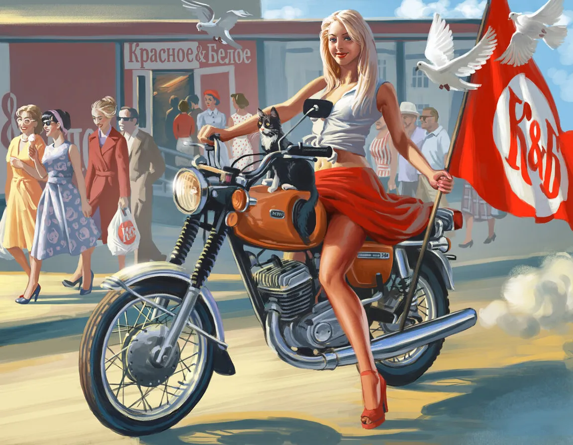 a painting of a woman riding a motorcycle