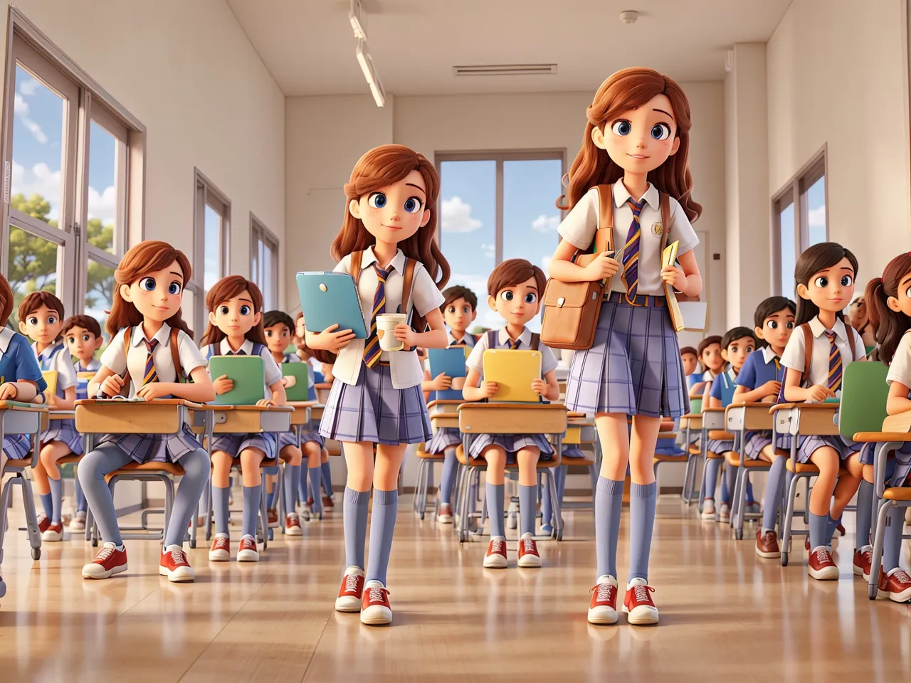 a group of children in school uniforms standing in front of desks