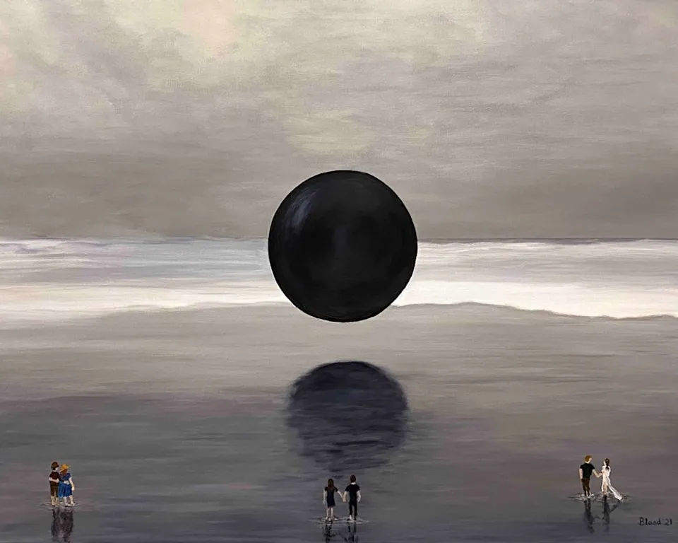 a group of people standing on top of a beach in front of an ominous dark sphere