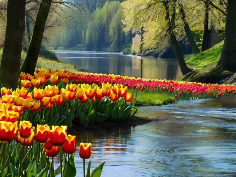 Beautiful spring picture, river, trees, tulips, wind swaying tulips, ripples on the water, the background is motionless