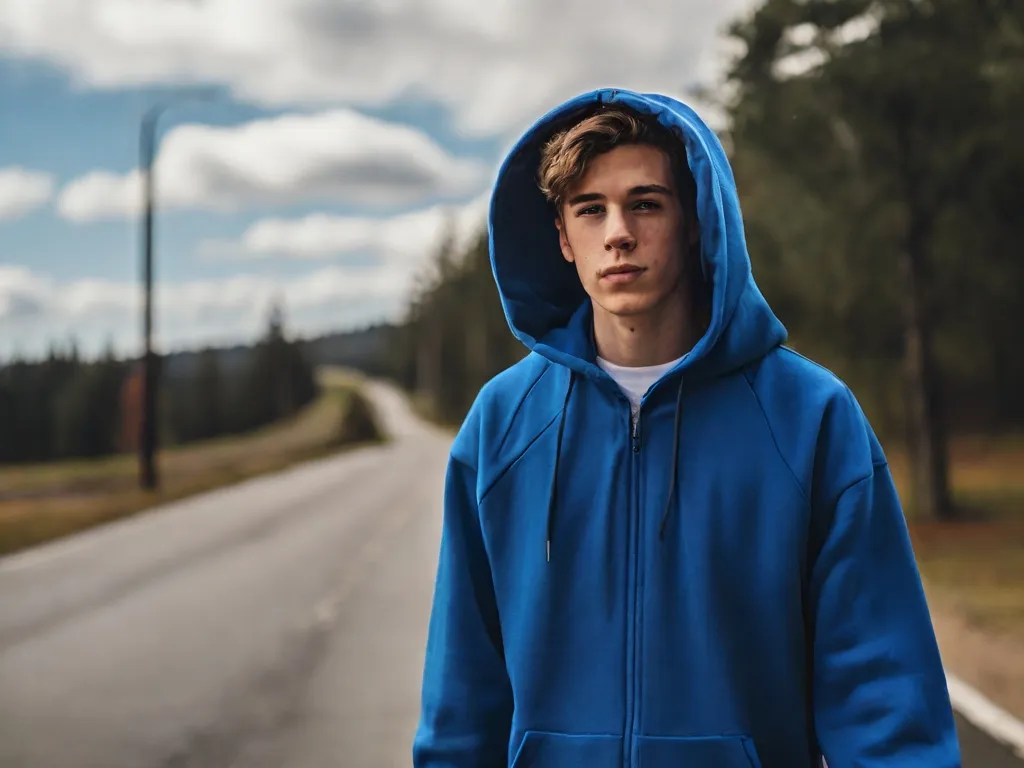 a young man in a blue hoodie standing on the side of a road