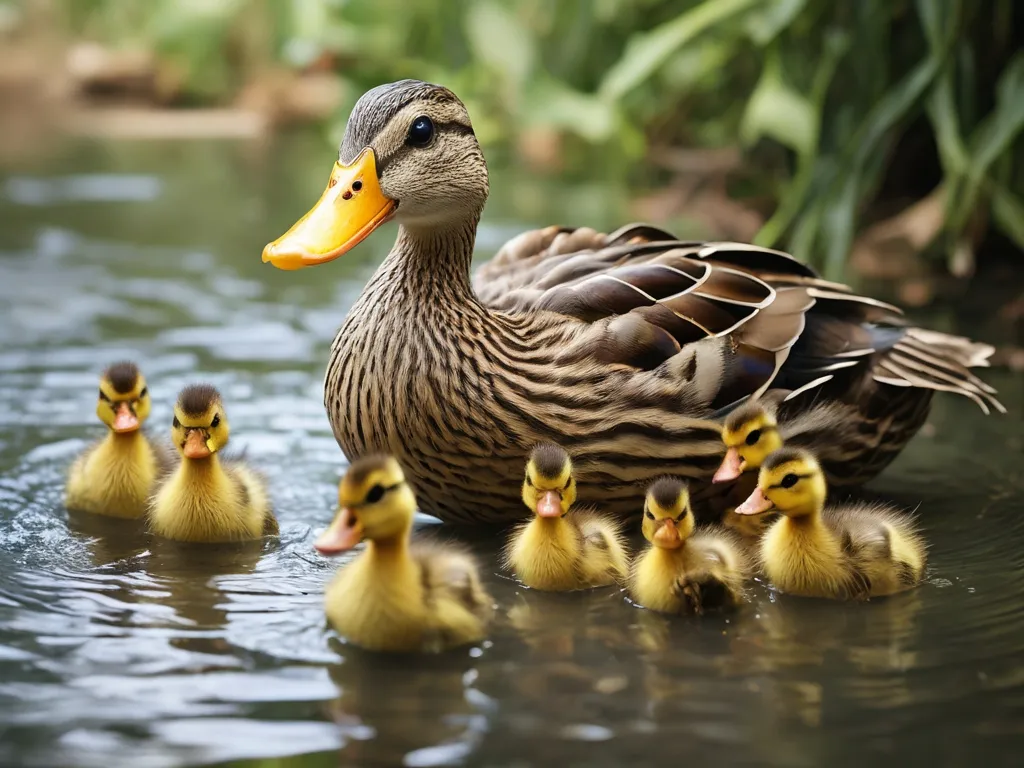 a mother duck with her ducklings in the water