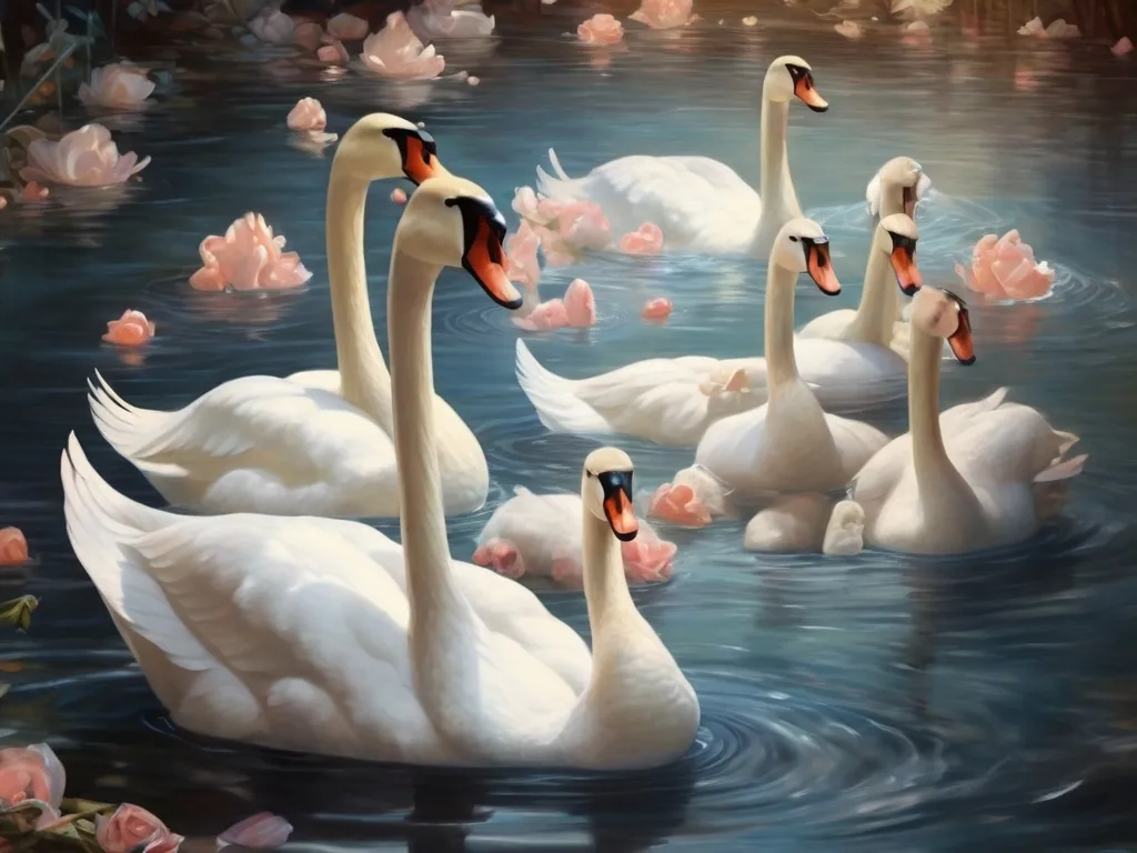 a painting of a group of swans swimming in a pond alon