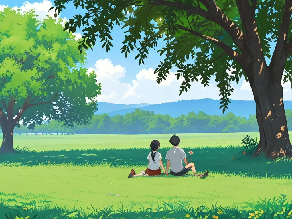 people sitting on top of a lush green field, Anime, realistic