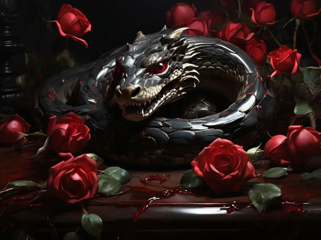 a snake and roses on a table