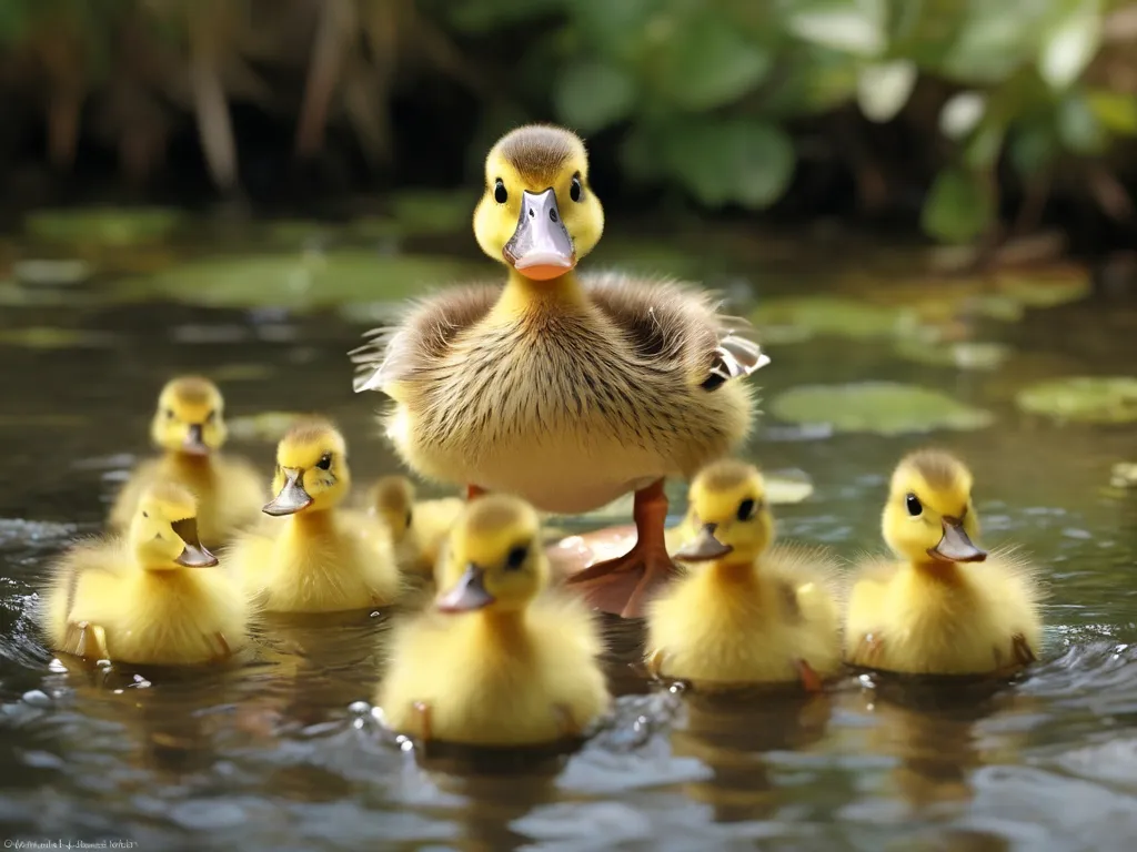 a group of ducklings swimming in a pond