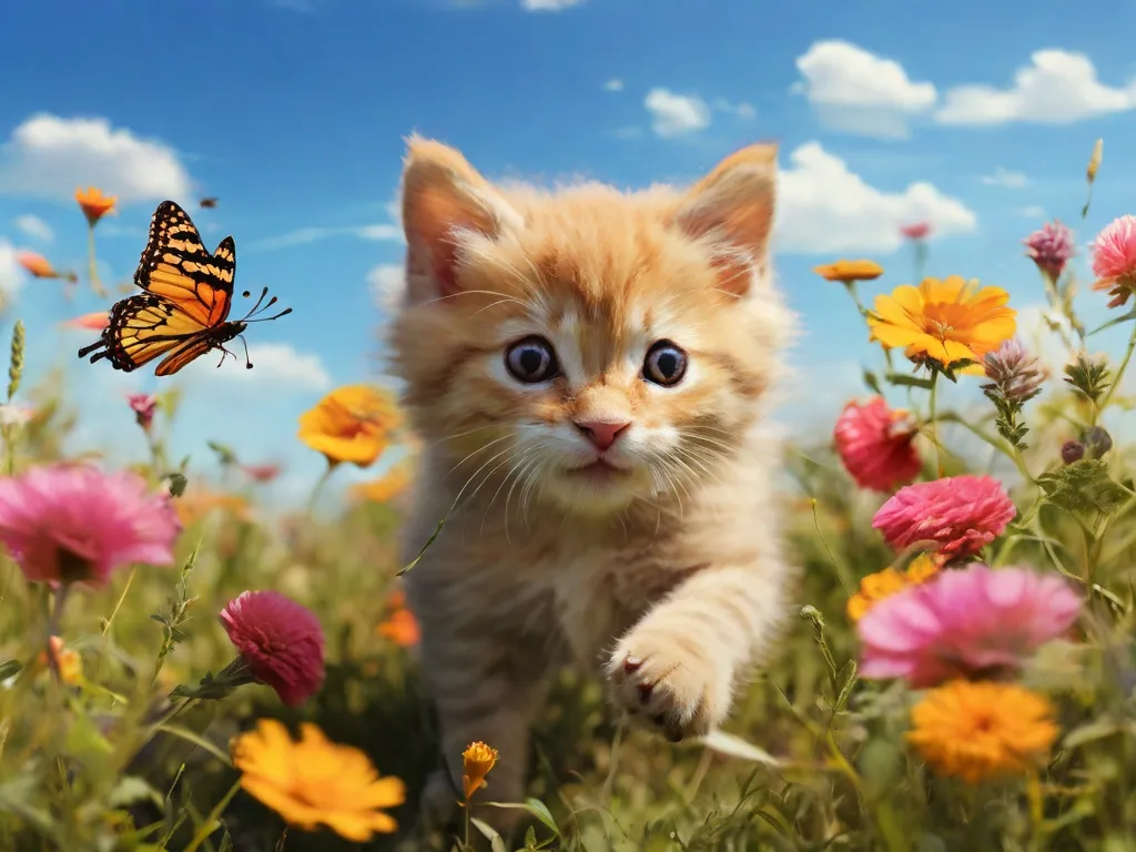 a kitten running through a field of flowers