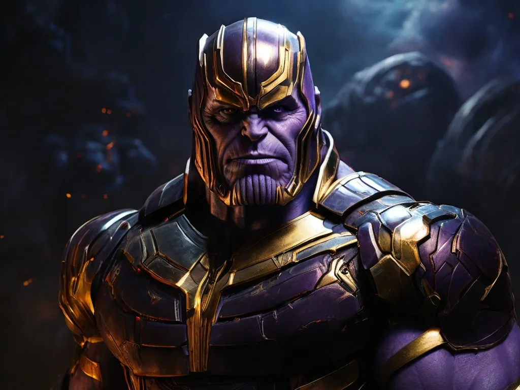 thanos from the avengers movie is shown in front of a dark background of city with thunder  