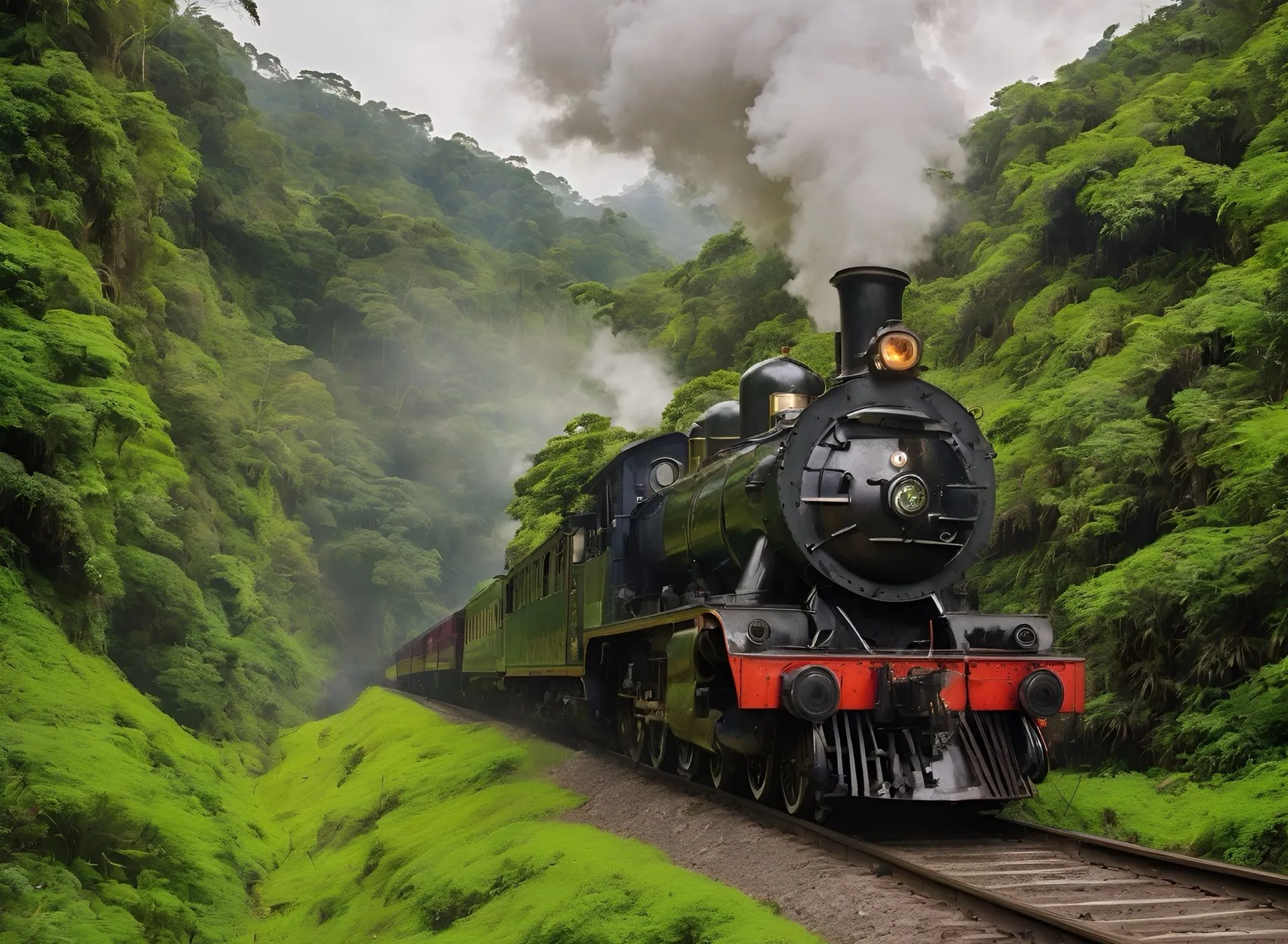 train coming towards camera , advertising style