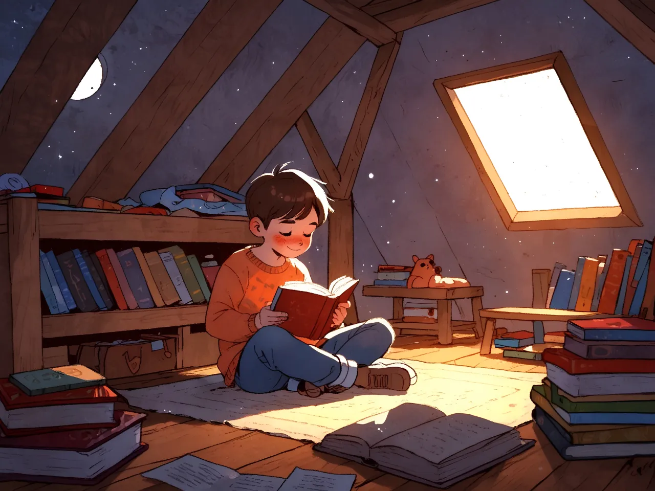 Young boy sitting alone on the floor of a cozy attic, absorbed in reading a magical book. Don't mess up book, limbs, fingers, keep things anatomically correct. 
