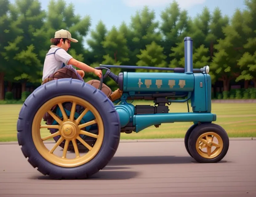 a man riding on the back of a blue tractor