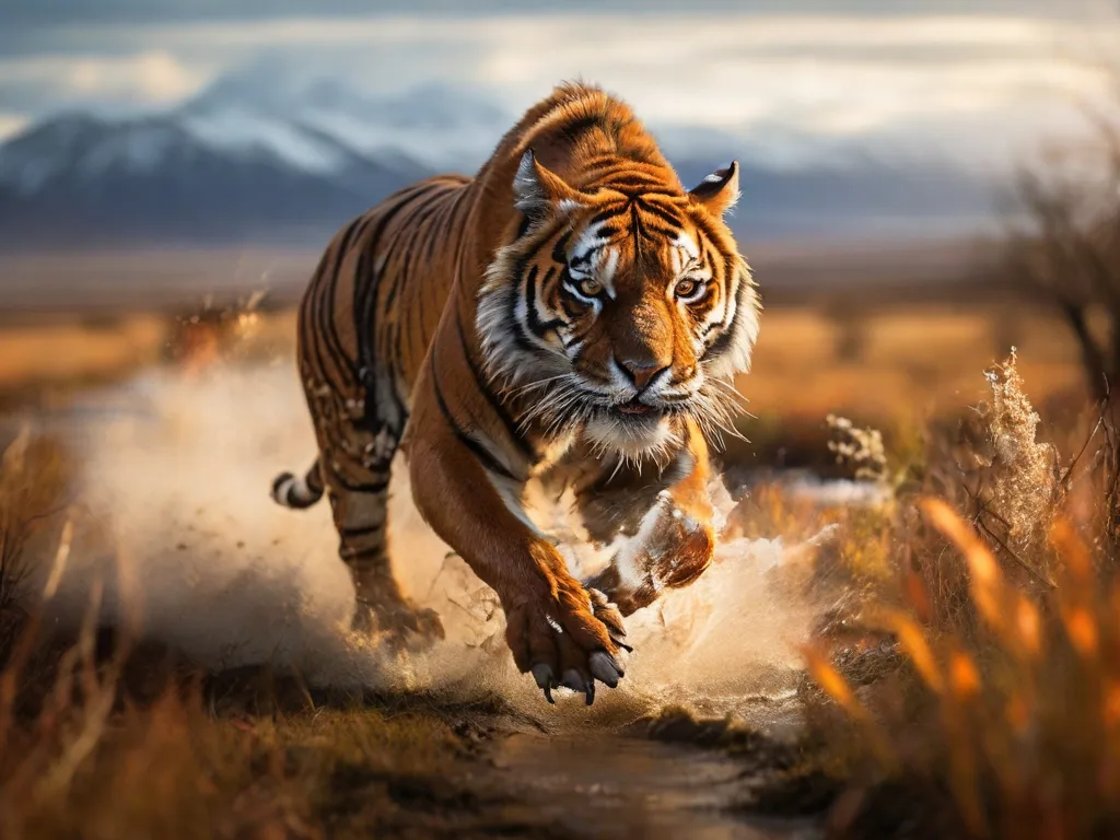 a tiger running across a dirt road