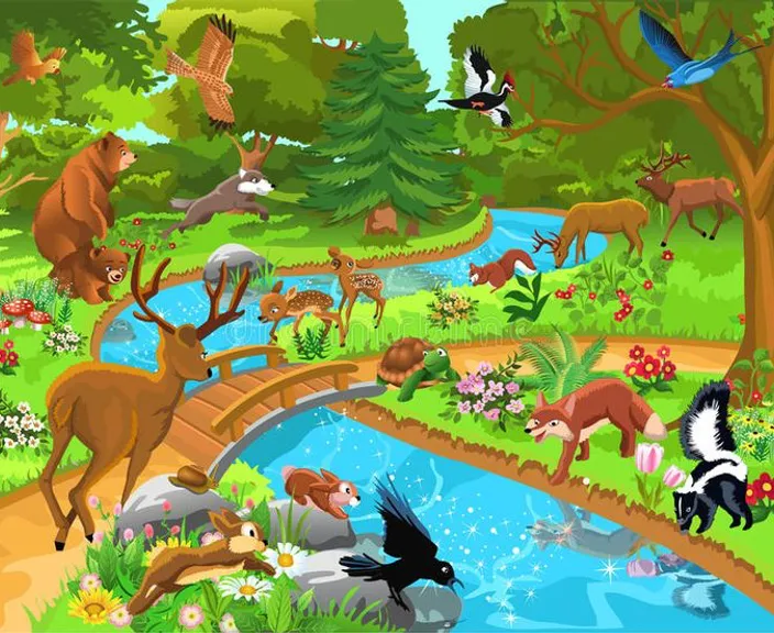  forest with animals and birds