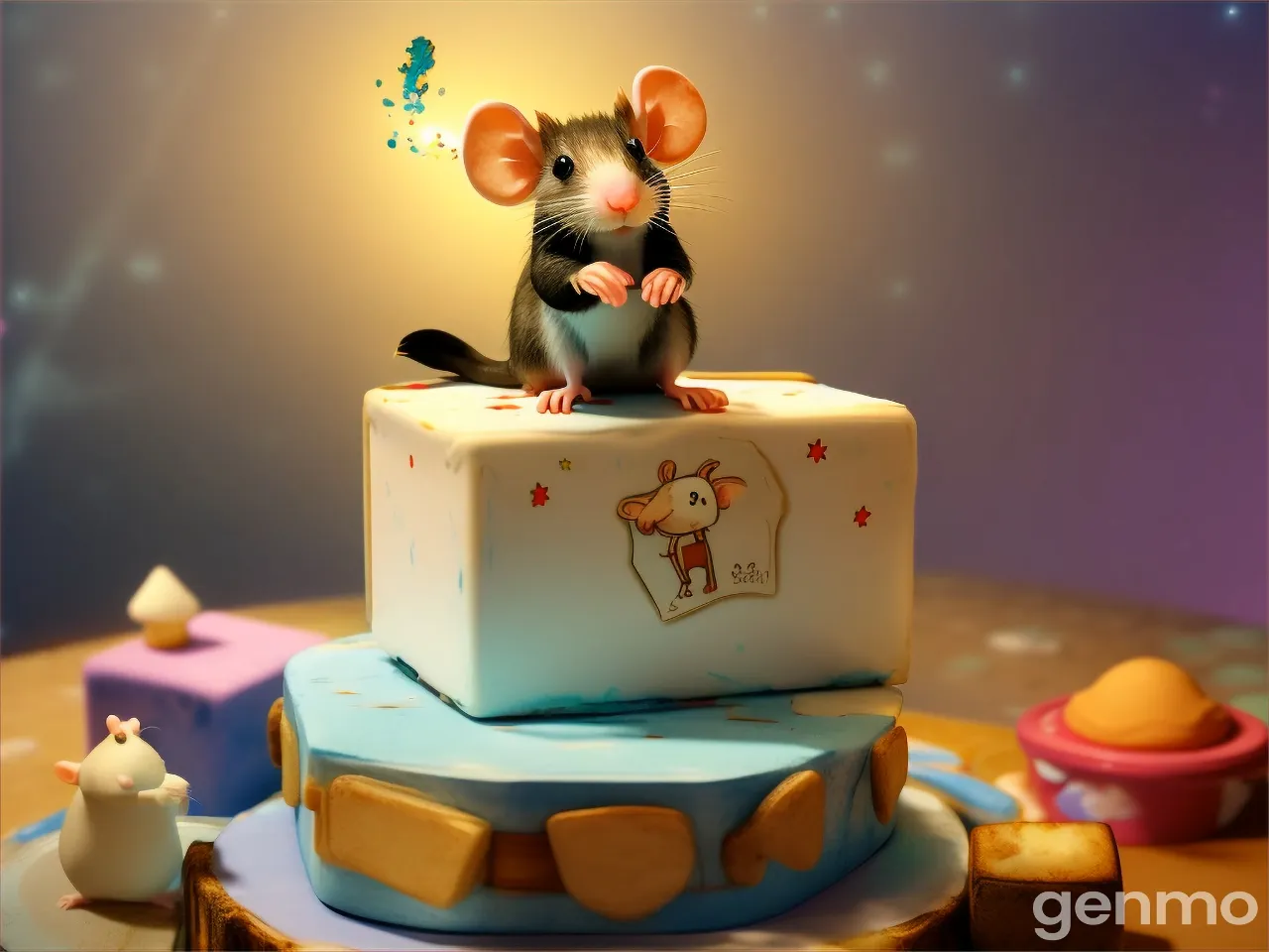 a cake with a mouse on top of it