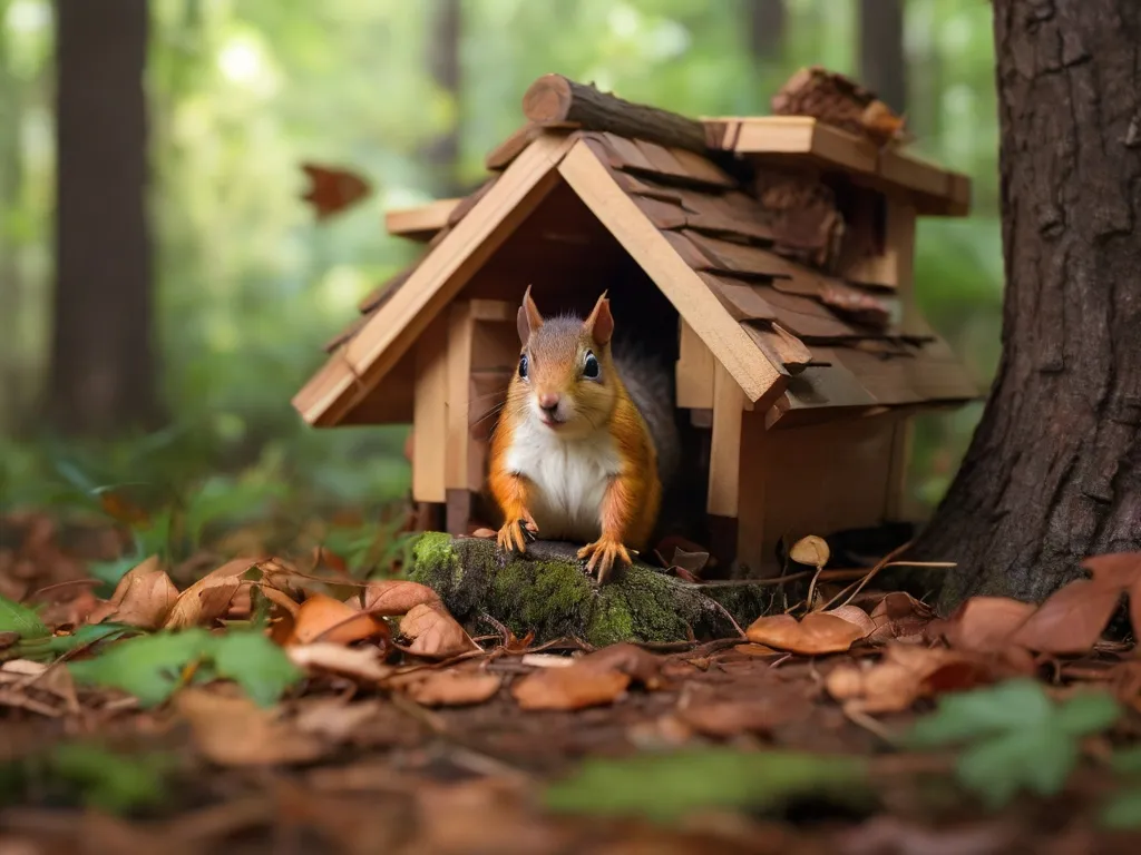 a squirrel in a birdhouse in the woods