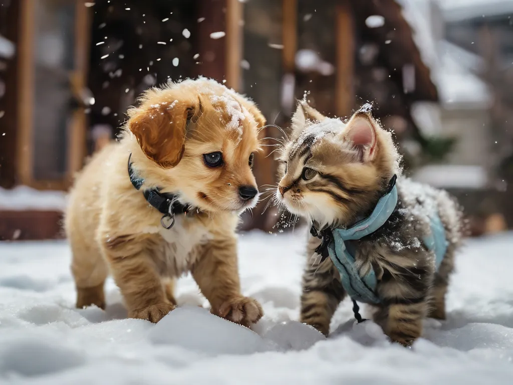 a kitten and a puppy playing in the snow