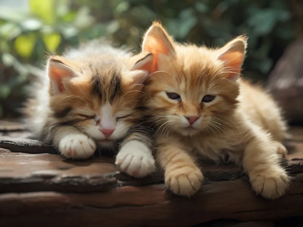 a couple of kittens laying on top of a wooden table