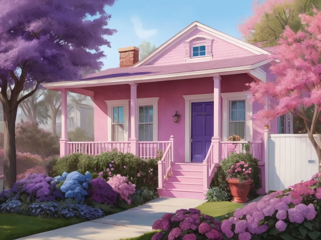 Pink house surrounded by a garden of purple flowers done in a soft pastel style