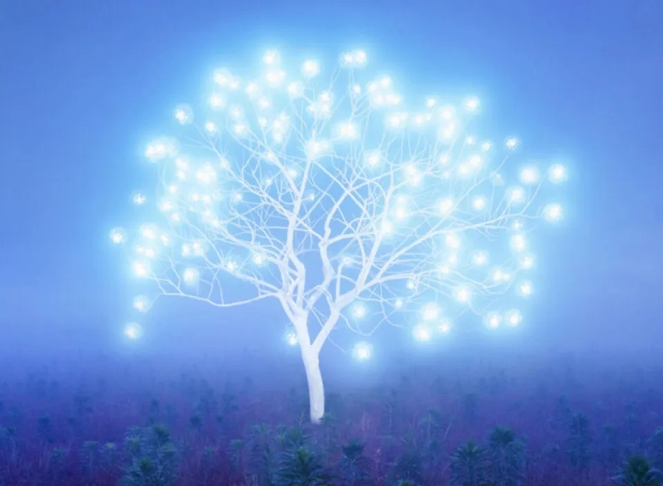 a tree with lights on it in the middle of a field