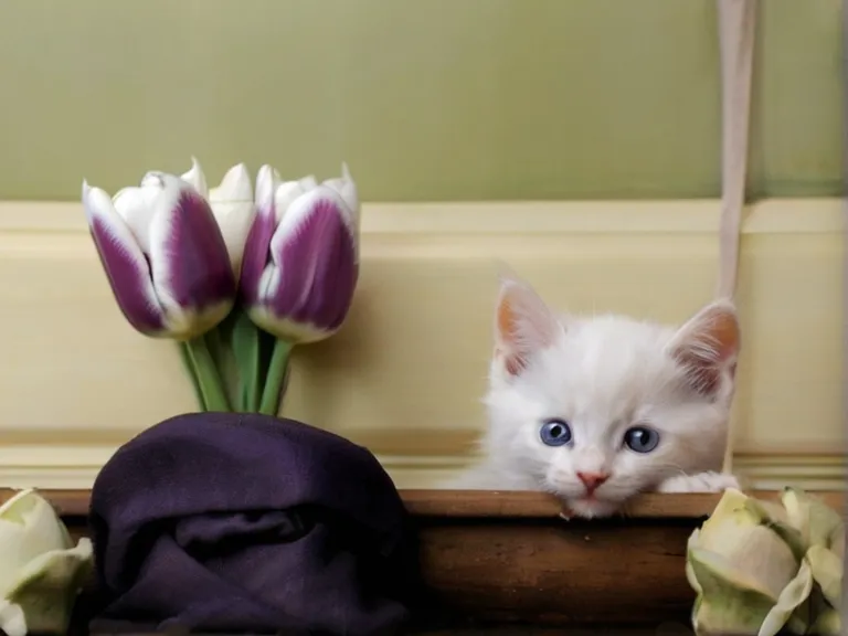 cat, felidae, carnivore, purple, flower, petal, fawn, small to medium-sized cats, whiskers, plant The background is stationary the movement of the kitten's head