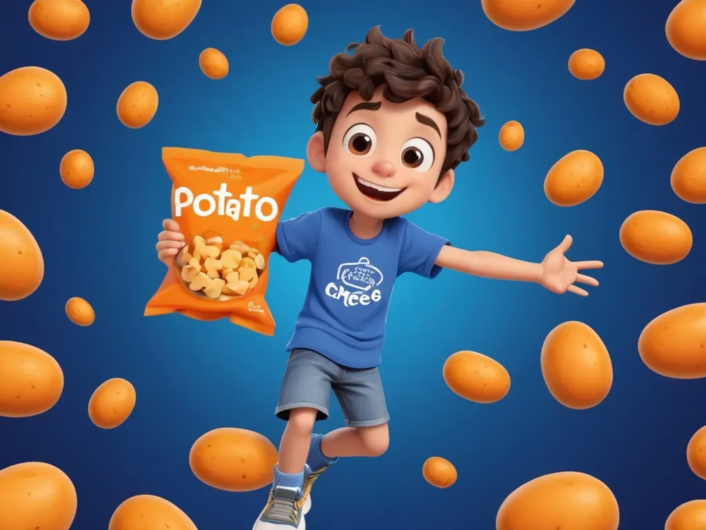 a young boy holding a potato chips bag            word written potato cheese flavour on the potato chips bag