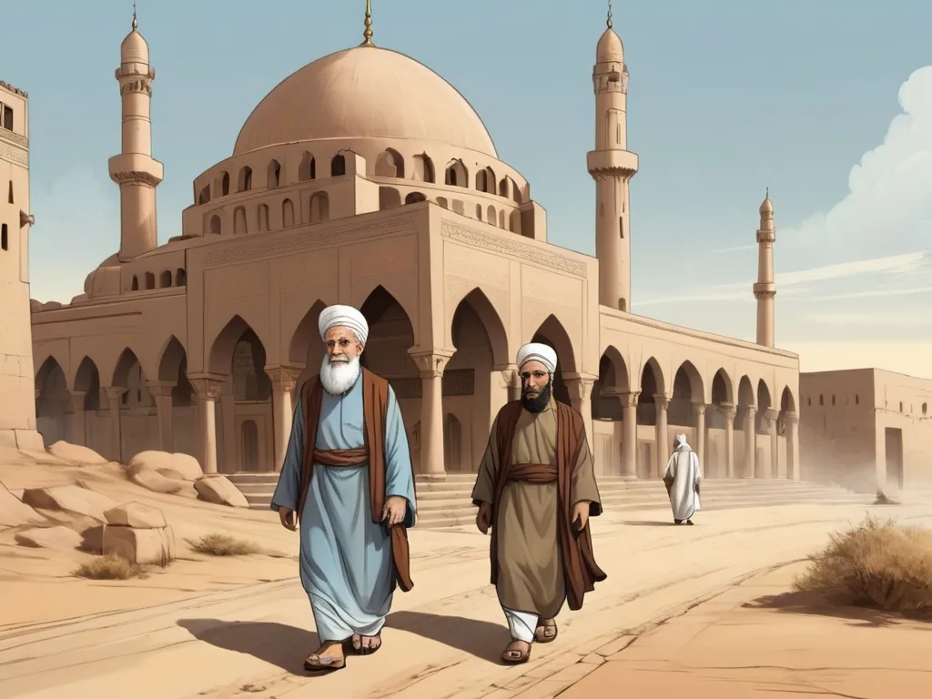 a painting of two men walking in front of a building