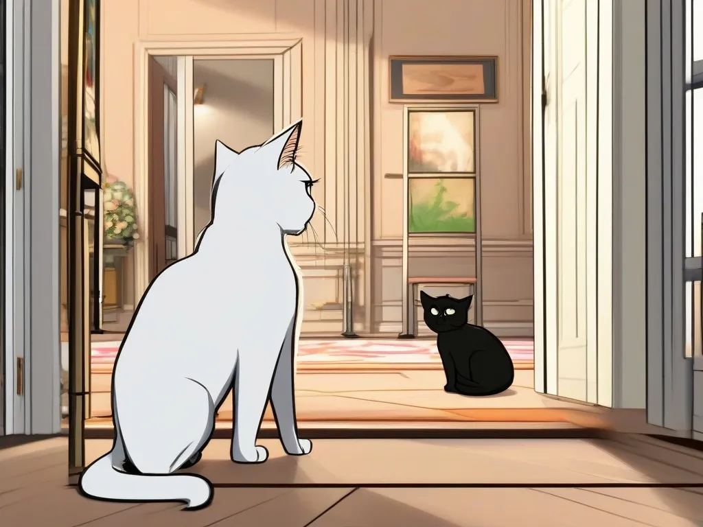 a white cat and a black cat sitting in a doorway