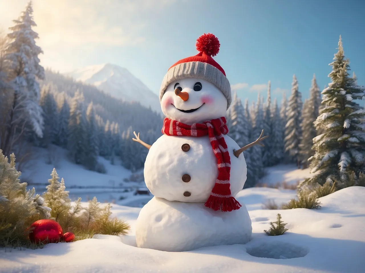 a snowman with a red hat and scarf standing in the snow