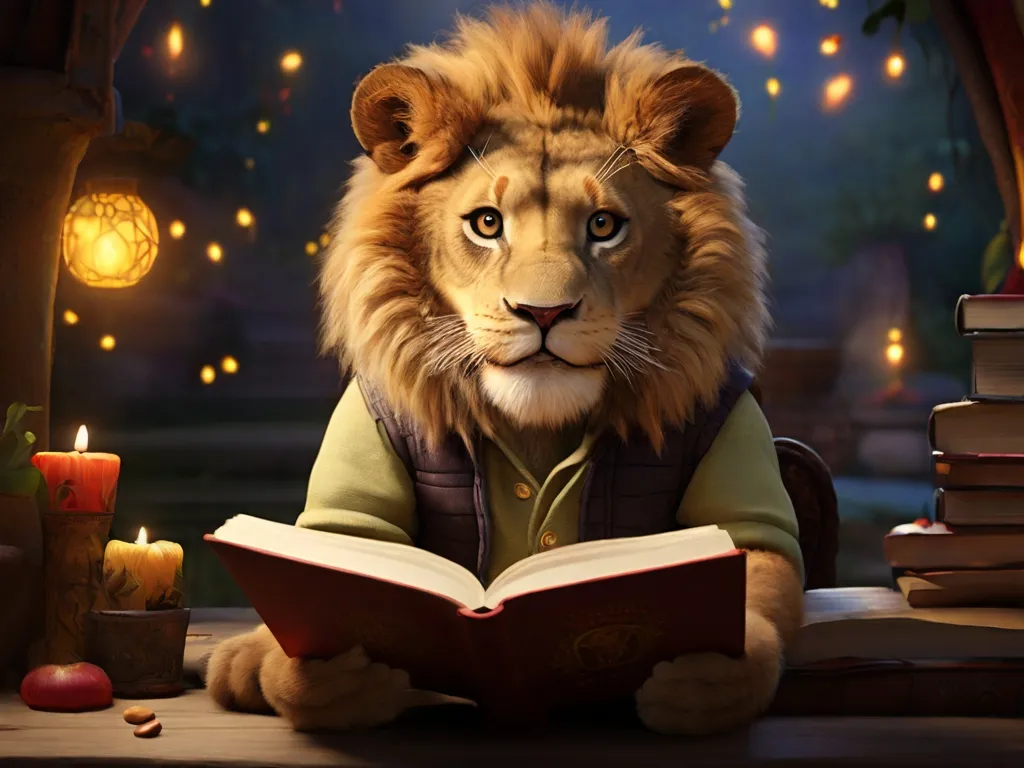 a lion is reading a book in front of some candles