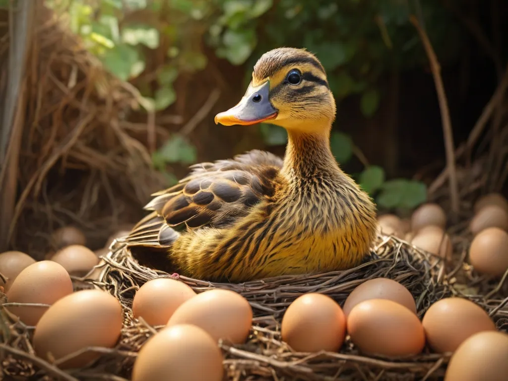 a duck sitting on top of a pile of eggs