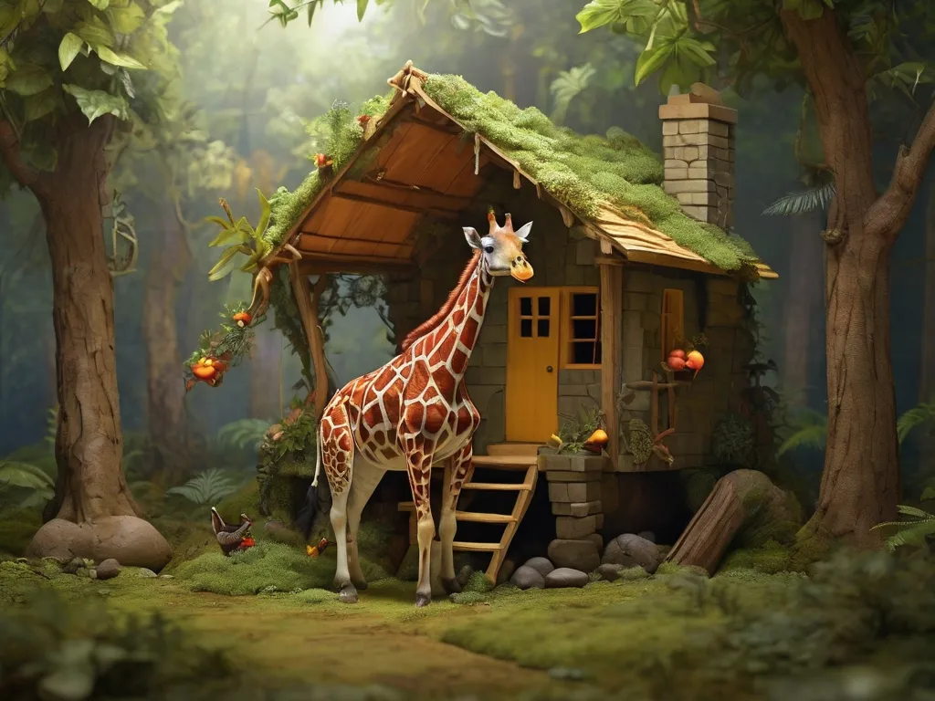 a giraffe standing in front of a small cabin