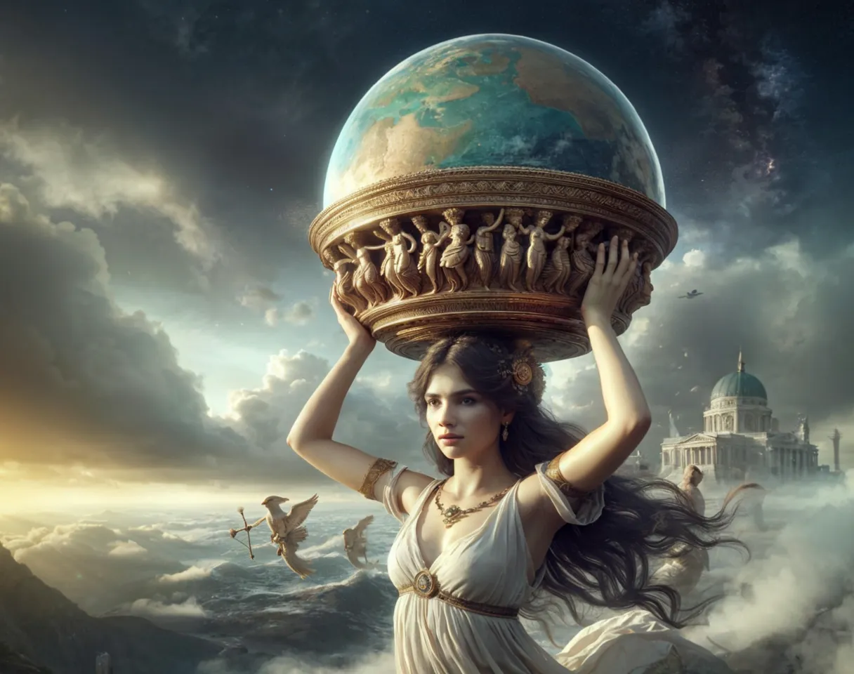 a woman carrying a globe on her head