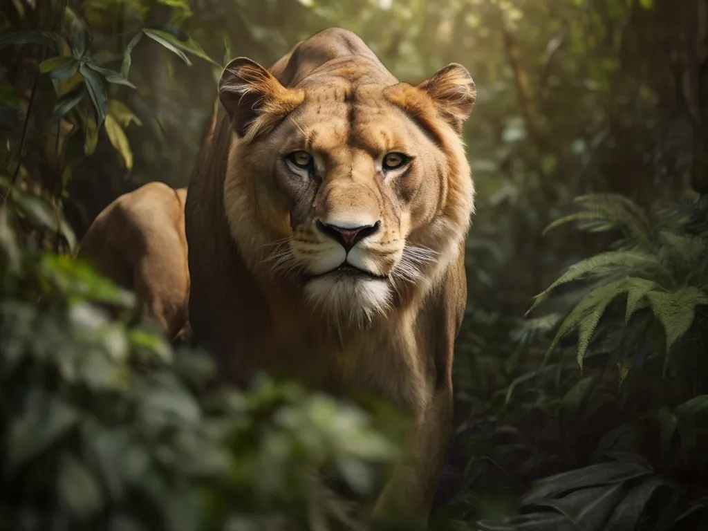 a large lion walking through a lush green forest