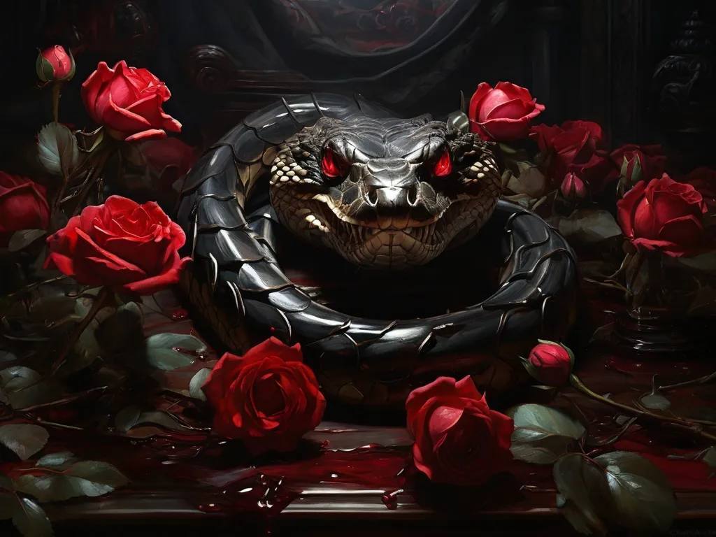 a snake with red eyes surrounded by roses