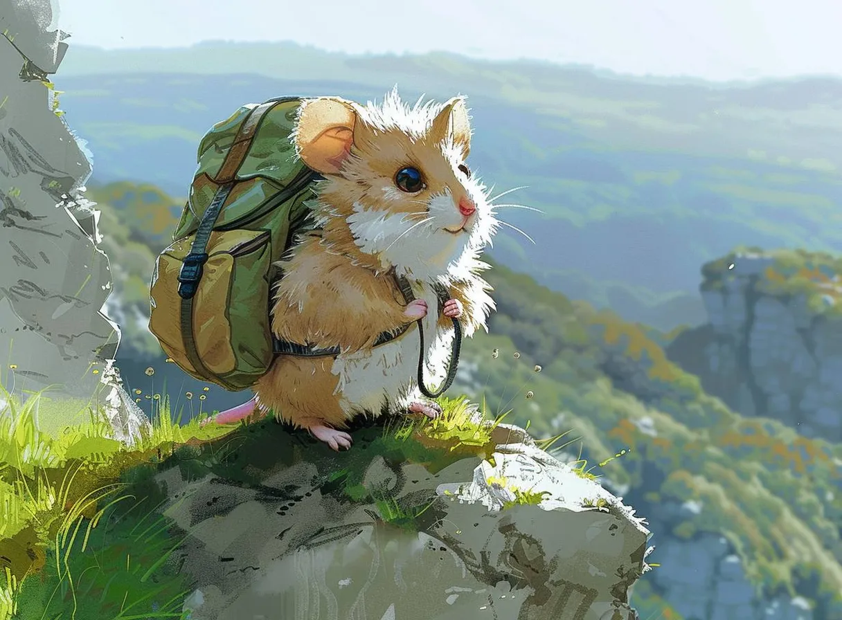 a hamster with a backpack on top of a mountain