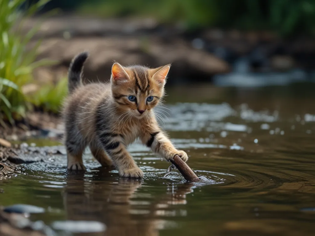 a small kitten playing with a stick in the water. The background is stationary. The movement of the water and the kitten's paws.