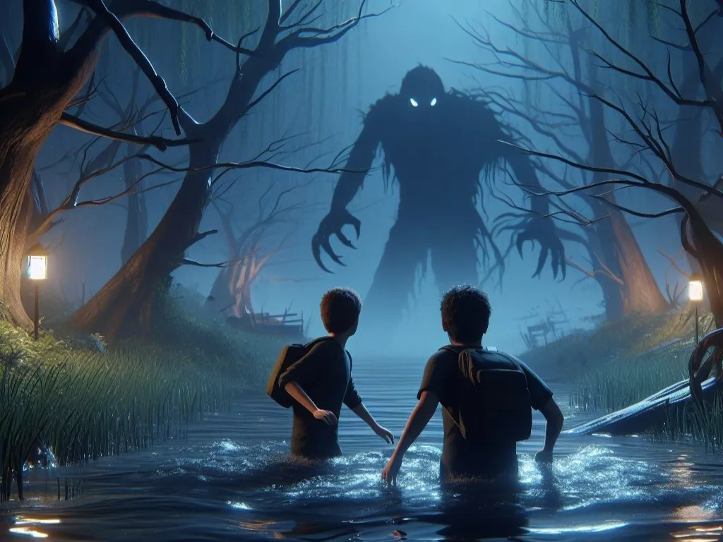 It is a dark forest, it is night time, two young men are stuck in a swamp, there is a huge black shadow behind them, 3d animated