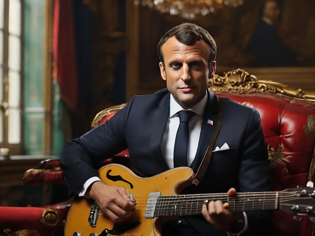 Emmanuel Macron  in a suit and tie playing a guitar