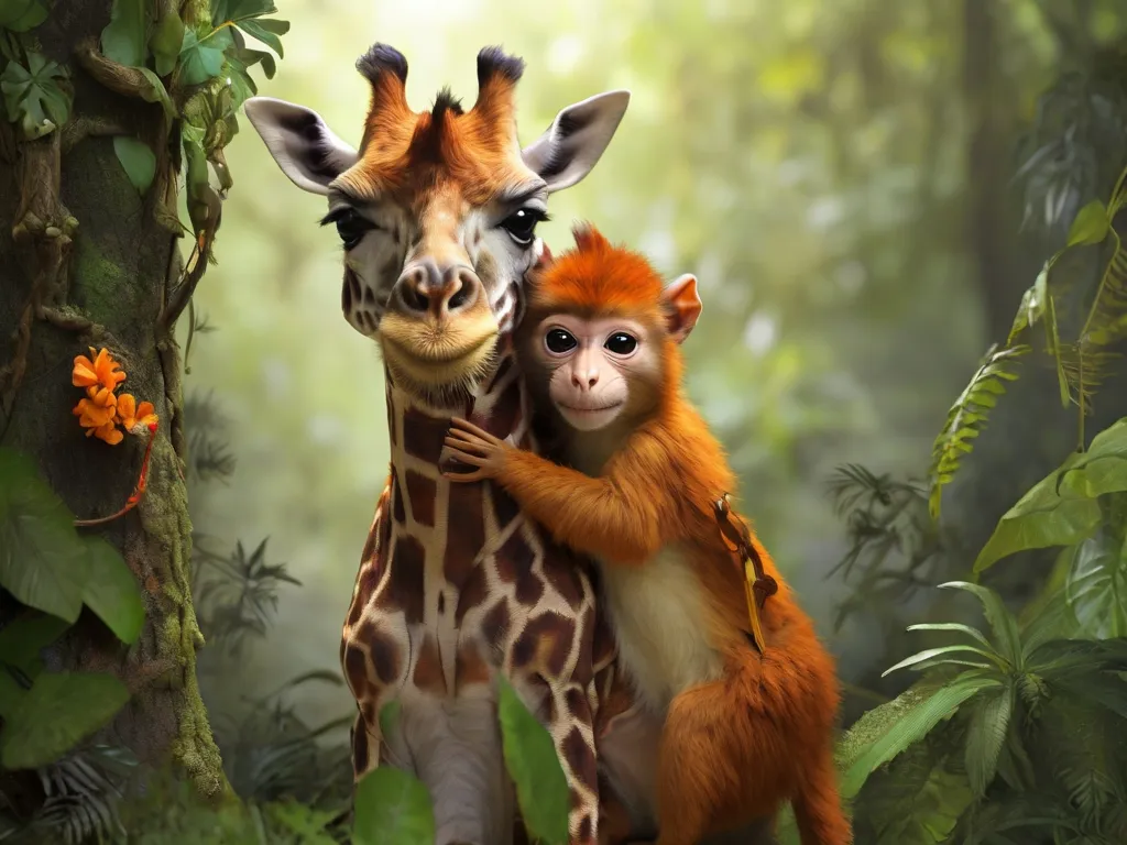 a giraffe and a monkey in the jungle