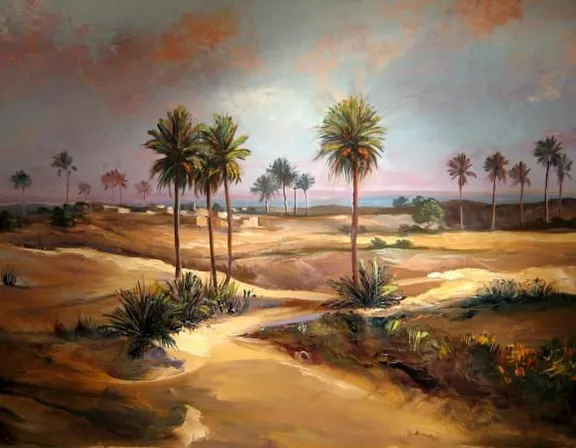 a painting of a desert with palm trees