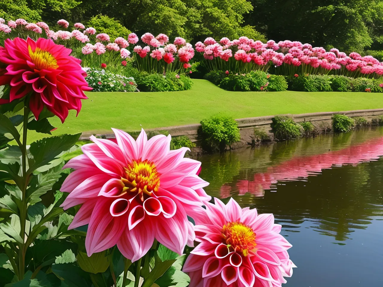 a pond with pink flowers in it next to a lush green field