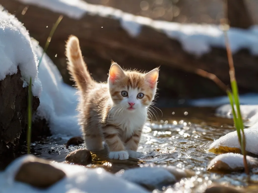 Котенок с опаской лапой трогает воду. фон неподвижен. Движение лапы и воды.