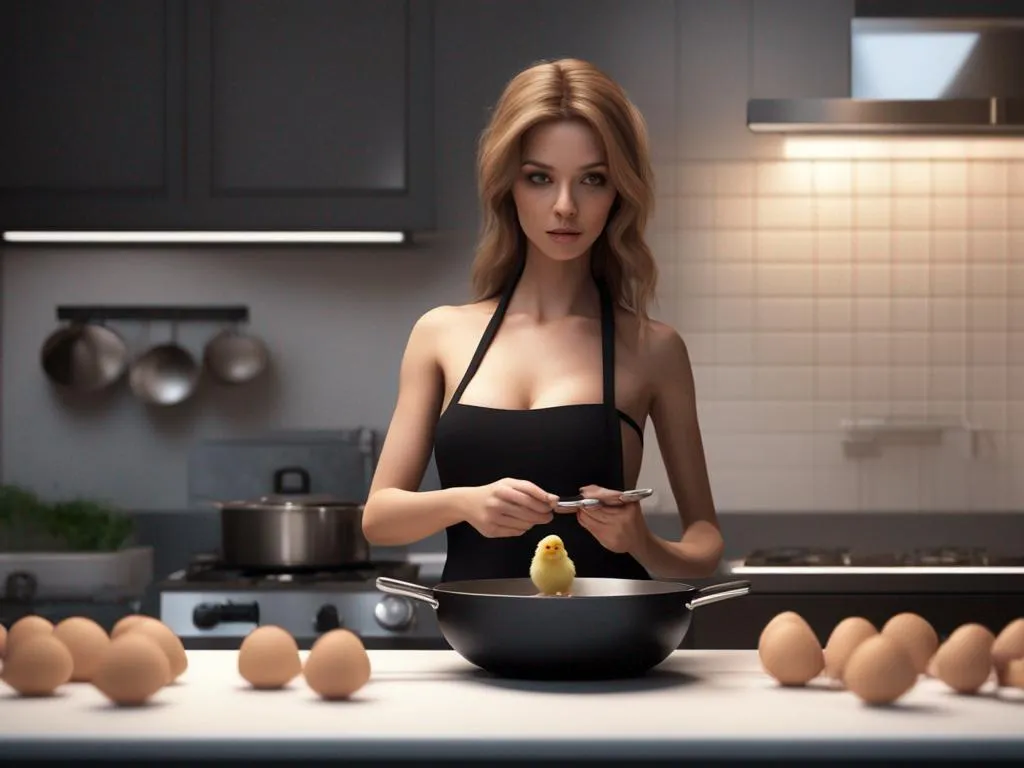 a woman standing in a kitchen with a chick in a frypan