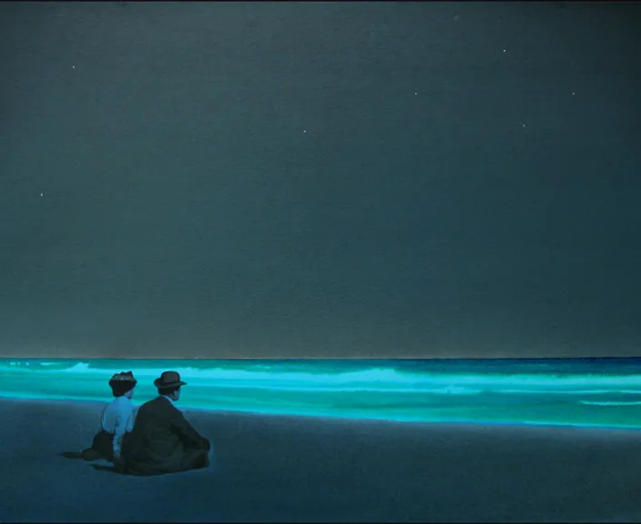 two people sitting on a beach watching the ocean